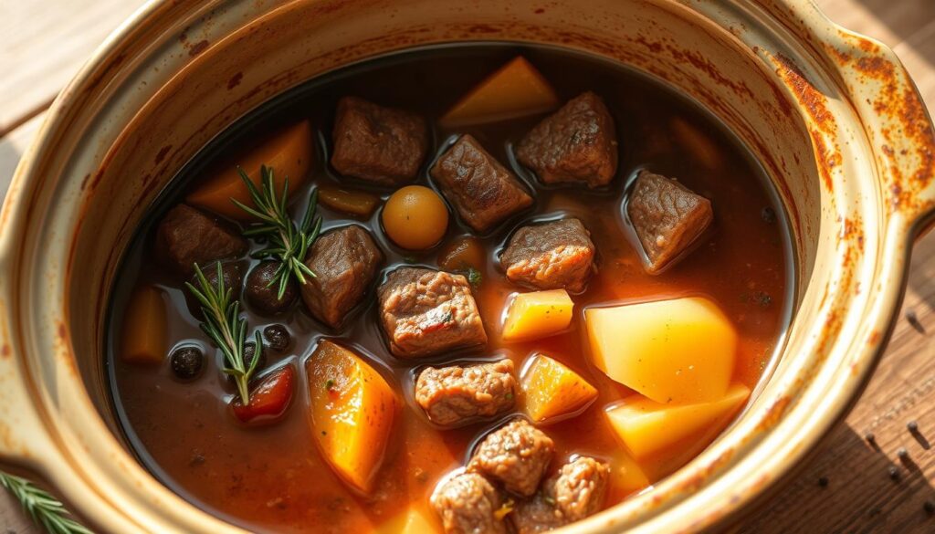 Delicious beef stew simmering in a crockpot