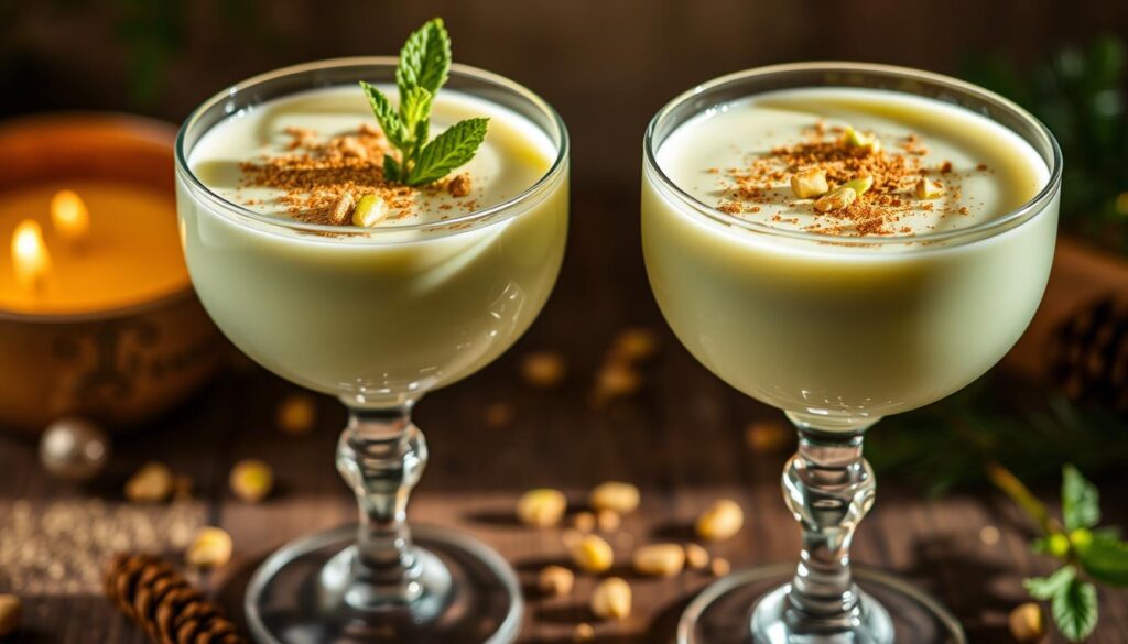 Homemade pistachio coquito in festive glasses