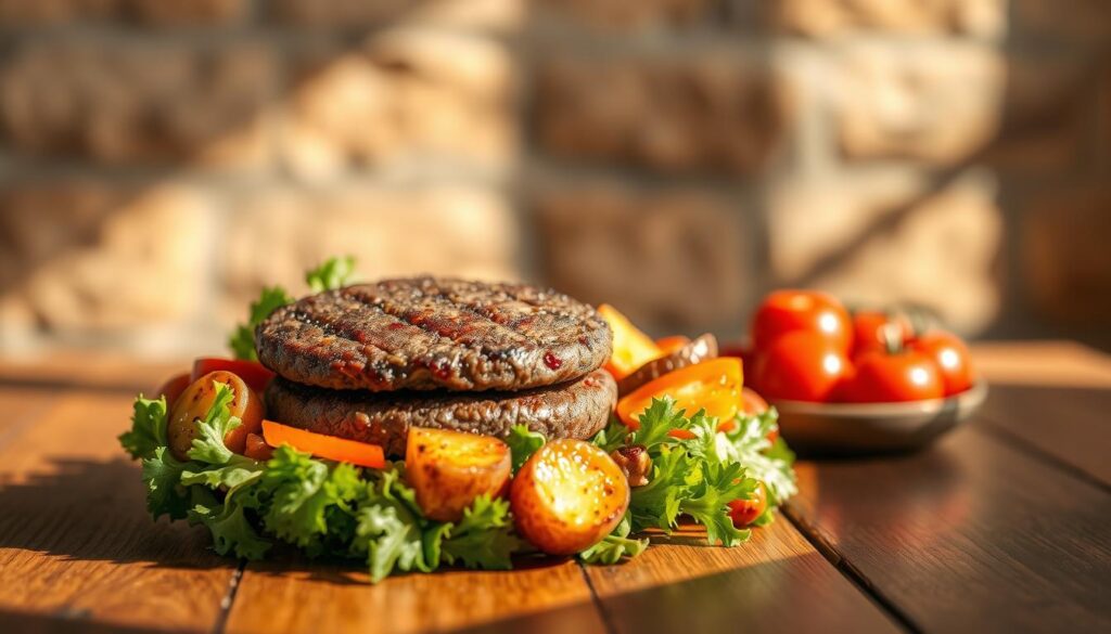 healthy burger bowl with roasted potatoes and veggies