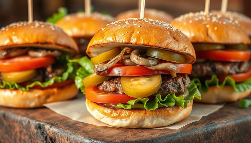 homemade burgers with vibrant toppings